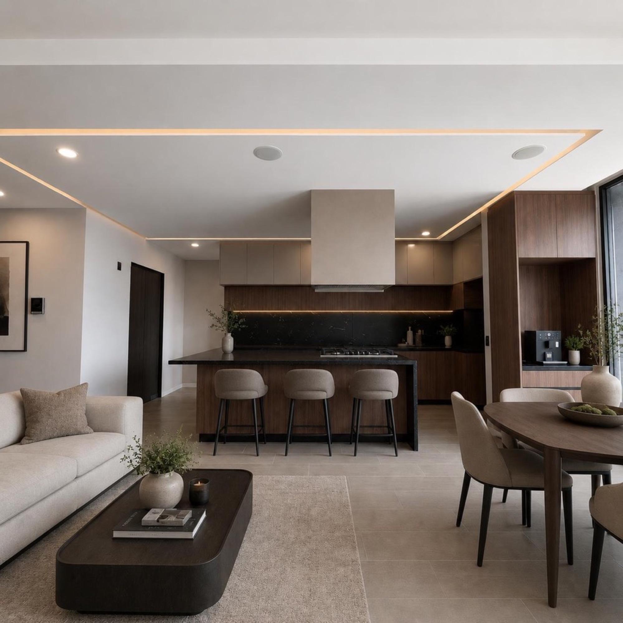 Sala, comedor y cocina abiertos